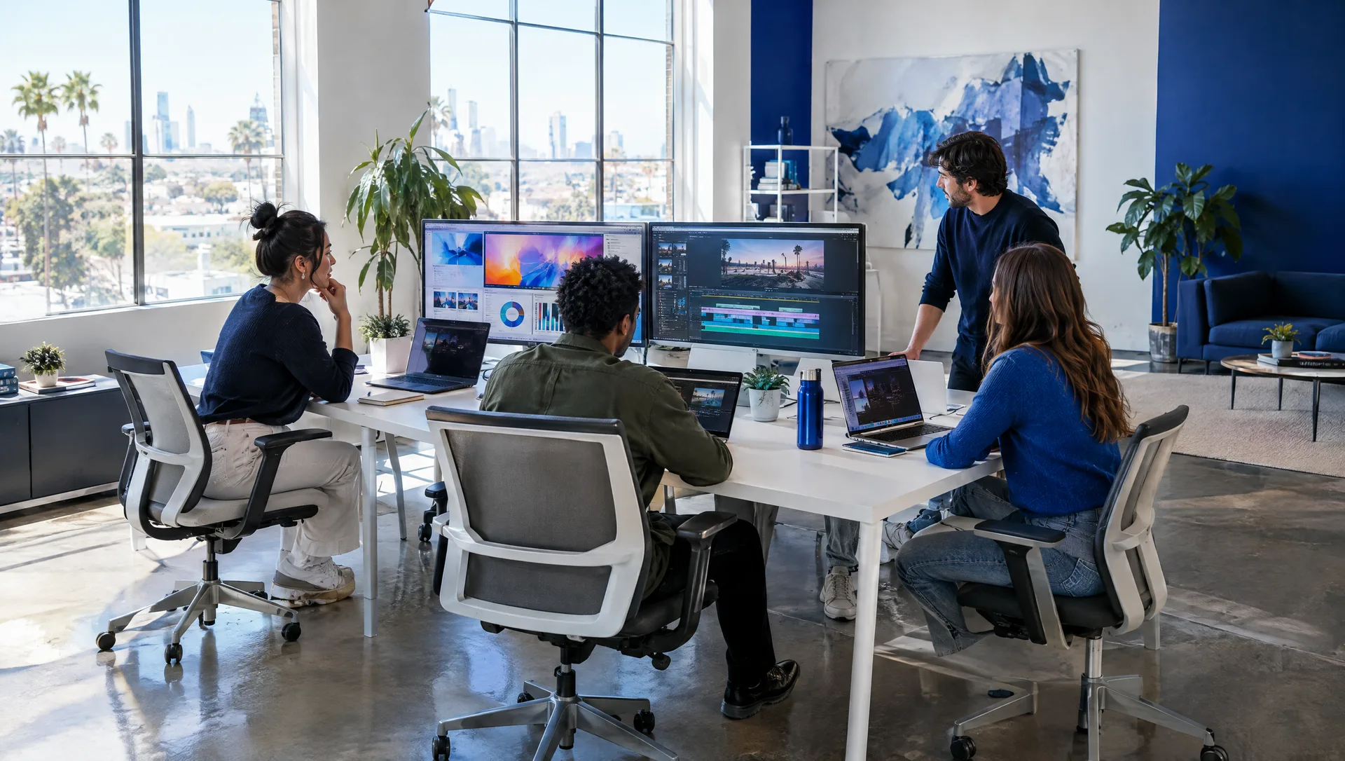 Crestmark Studios team reviewing ad campaigns and video edits in the studio