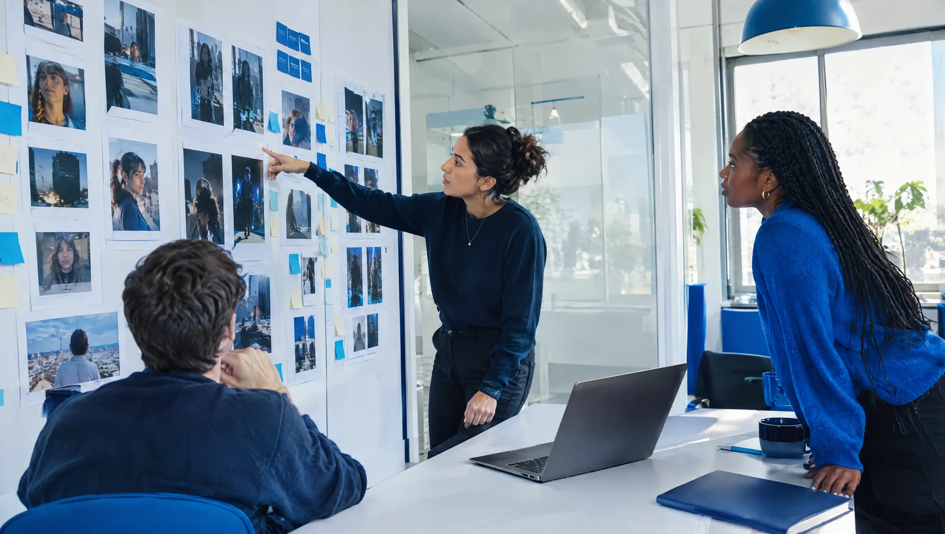 Creative team planning ad concepts on a storyboard wall