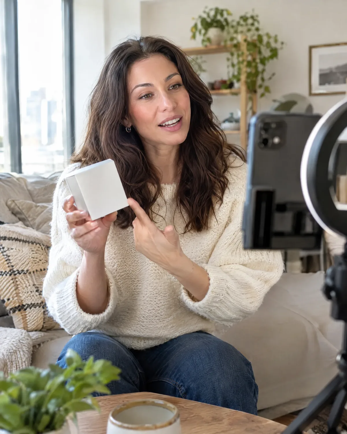 Creator filming a UGC-style product video on a smartphone with a ring light