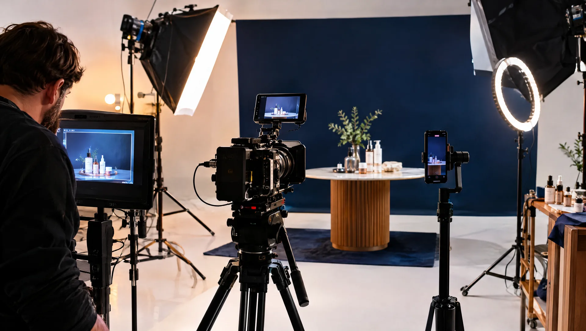 Video production set with cinema camera, vertical phone rig and lighting for a social ad shoot